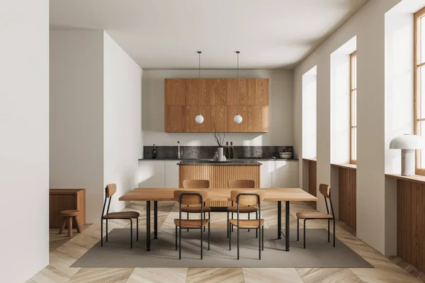 Beyaz Siyah Duvarlı Modern Mutfağın Içi Ahşap Zemin Lavabo Fırında — Stok fotoğraf