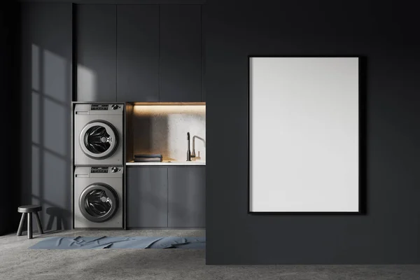 Dark Home Wasserette Interieur Met Zwarte Planken Wasmachines Wastafel Met — Stockfoto