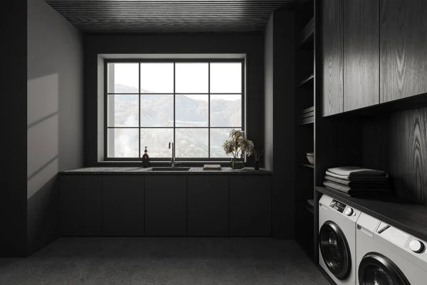 グレーとダークウッドの壁 コンクリートの床 洗濯機 乾燥機とグレーのシンクとスタイリッシュな洗濯室のインテリア 3Dレンダリング — ストック写真