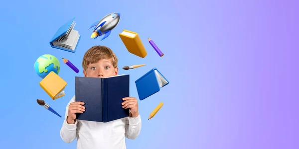 Niño Emocional Mirando Cámara Con Libro Las Manos Diversos Iconos — Foto de Stock