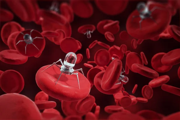 Mikroskopiska Nanorobotar Reparerar Blodceller Futuristisk Medicin Och Användning Nanorobotar För — Stockfoto