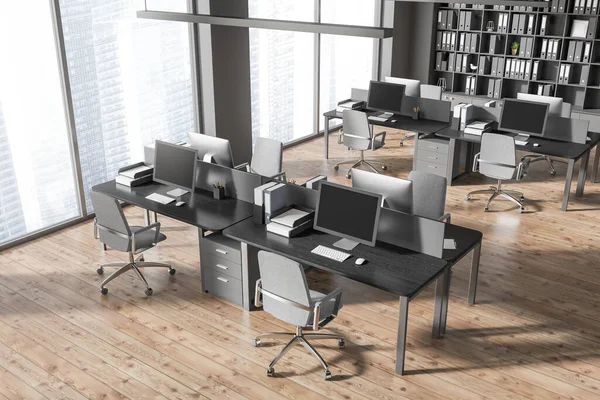 Draufsicht Auf Das Dunkle Coworking Interieur Mit Sesseln Und Schreibtisch — Stockfoto