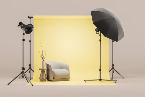Modern Photo Studio Interior Design Armchair Coffee Table Yellow Cyclorama — Stock Photo, Image