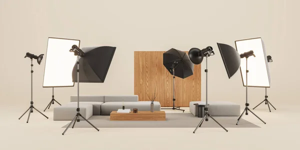 Professional Studio Equipment Lighting Modern Home Furniture Sofa Decoration Concept — Stock Photo, Image