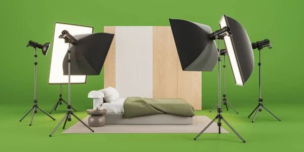 Професійне Студійне Обладнання Освітлення Сучасна Домашня Спальня Ліжком Оздобленням Концепція — стокове фото