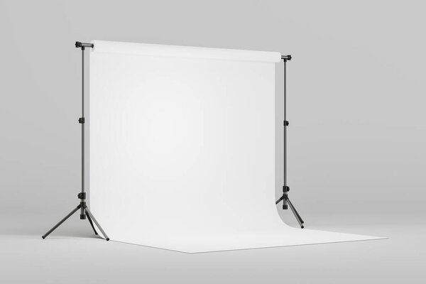 Film, video and photo studio interior for rent, big cyclorama on tripod, side view on grey background. Concept of fashion and tv show. Mock up copy space empty canvas. 3D rendering illustration