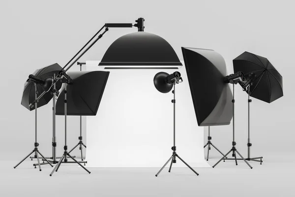 Photo Studio Mockup White Cyclorama Professional Equipment Set Lighting Tripod — Stock Photo, Image