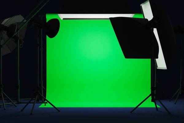 Στούντιο Προβολείς Σκούρο Δωμάτιο Φωτογραφιών Επαγγελματικό Εξοπλισμό Και Mock Πράσινο — Φωτογραφία Αρχείου