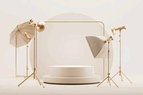 丸い白い製品のプレゼンテーションのビューは それの周りに立って金の照明機器と立っている 製品配置と広告の概念 3Dレンダリング モックアップ — ストック写真