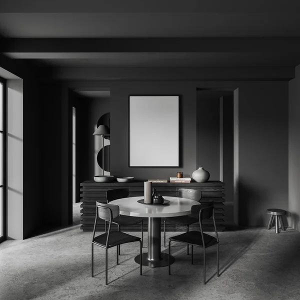Interior Sala Estar Casa Escura Com Mesa Jantar Cadeiras Aparador — Fotografia de Stock