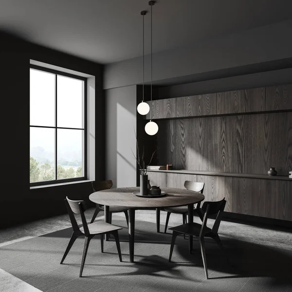 Tmavý Domácí Obývací Pokoj Interiér Dřevěným Nábytkem Bočním Výhledem Židle — Stock fotografie