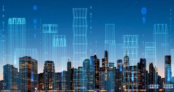 ワイヤーフレームネットワークインターフェースの二重暴露と夜のニューヨーク市のスカイライン スマートシティとインターネット接続の概念 サイバー空間での生活 — ストック写真