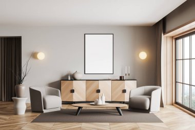 Beyaz oturma odası. İki koltuk ve kahve masası. Sanat süslemeli şifonyer, ahşap zeminde halı. Kırsal kesimde panoramik pencere. Tuvalin posterini hazırla. 3B görüntüleme