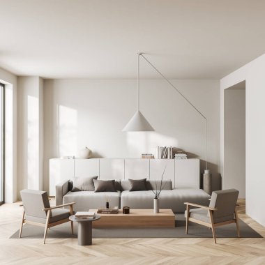 Parlak oturma odasının önü kahve masası, kanepe, koltuklar, kemer, halı, beyaz duvar, büfe, kitaplar, çanak çömlek, ahşap zemin. Minimalist tasarım kavramı. 3d oluşturma