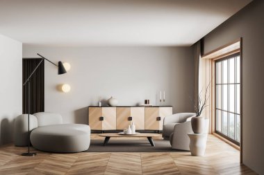 Parlak oturma odasının önü panoramik pencere, sehpa, kanepe, koltuklar, halı, beyaz duvar, kitaplar, lambalar, çanak çömlek, meşe ahşap zemin. Minimalist tasarım kavramı. 3d oluşturma