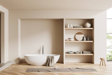 Banyonun içi küvetli, rafı dekorasyonlu ve banyo aksesuarlı, ayak havlusu ahşap zeminde. Tropik bölgelerde panoramik pencere. Model boş duvar. 3B görüntüleme
