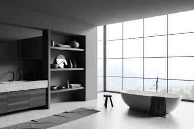 Lavabo, küvet, yan görüş, gri beton zemin. Rafta şık sanat dekorasyonu ve kırsal kesimde panoramik pencere. 3B görüntüleme