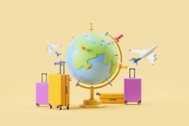 Renkli iğneleri, uçan uçakları ve sarı arka planda bavulları olan çizgi dünya küresi. Seyahat ve tatil kavramı. 3B görüntüleme