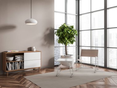 Parlak oturma odasının iç manzarası panoramik pencere, sehpa, koltuk, halı, büfe, kitaplar ve çanak çömlek, ahşap zemin. Minimalist tasarım kavramı. 3d oluşturma