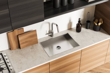 Mutfak manzarası, lavabo ve modern mutfak aletleri, ahşap raflar. Ahşap zemini olan bir evde yemek pişirme alanı. 3B görüntüleme