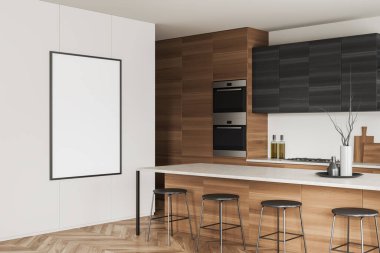 Beyaz mutfak, bar adası ve sandalyeler parke zeminde, yan manzara. Mutfak eşyalarıyla ahşap yemek pişirme alanı. Tablo posteri, 3 boyutlu görüntüleme