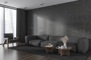 Oturma odasının içi kanepe, koltuk, yan görüş minimalist dekorasyonlu kahve masası, ahşap zemin. Singapur şehir manzarasında panoramik pencere. Boşluk boş duvarını kopyala, 3B görüntüleme