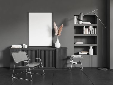 Karanlık oturma odasının içini boş beyaz poster, koltuk, büfe ve kitaplarla dolu raflar ve vazo, beton döşeme. Minimalist tasarım kavramı. Model yap. 3d oluşturma