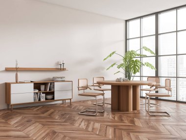 Bej oturma odası, yemek masası, sandalyeler, yan görüş, ahşap zemin süslemeli büfe. Gökdelenlerin panoramik penceresi. Model boş duvar. 3B görüntüleme