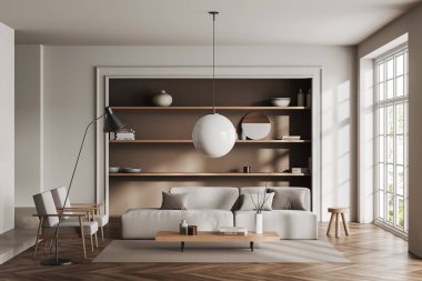 Oturma odasının içinde kanepe, iki koltuk ve ahşap zeminde halı var. Sanat süslemeli raflar ve kahve masası. Tropik bölgelerde panoramik pencere. 3B görüntüleme