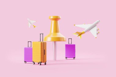 Pembe arka planda uçan uçaklarla dolu büyük sarı broşlar ve bavullar. Seyahat ve check-in kavramı. 3B görüntüleme