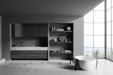 Çift lavabolu, küvetli, gri beton zeminli koyu bir banyo. Rafta modern sanat dekorasyonu ve kırsal kesimde panoramik pencere. 3B görüntüleme