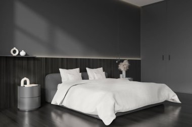 Karanlık yatak odası iç yatak odası, dekoratif komodin, yan görüş, siyah ahşap döşeme. Minimalist otel uyku alanı ve görünmez dolap kapısı. Model boş duvar. 3B görüntüleme