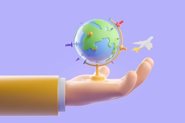 Çizgi filmlerdeki gibi, renkli iğneli ve mor arka planda uçan bir dünya küresi. Seyahat ve seyahat kavramı. 3B görüntüleme