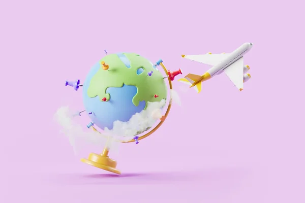 Cartoon Aarde Bol Met Kleurrijke Pennen Vliegtuig Vliegen Roze Achtergrond — Stockfoto