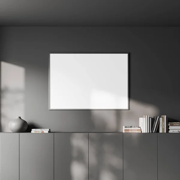 在黑暗的客厅内部的正面视图 灰色的墙壁 餐具柜 陶器上都有空白的白色海报 简约设计的概念 把它弄坏了3D渲染 — 图库照片