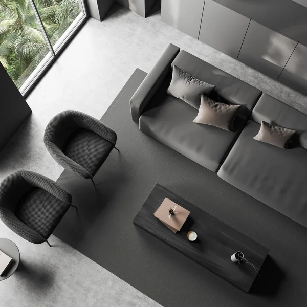 室内黑暗的客厅顶部 有沙发和两张扶手椅 有装饰的咖啡桌 灰色混凝土地板上的地毯 热带的窗户 3D渲染 — 图库照片