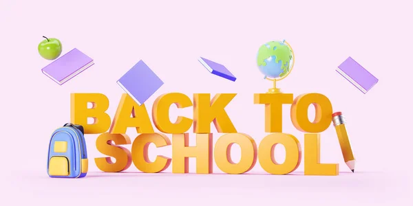 Backpack and earth globe, books with apple flying on purple background. Concept of back to school and education. 3D rendering