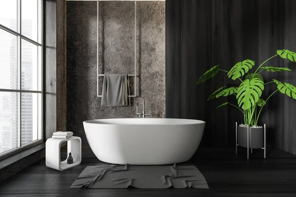 Black Wooden Bathroom Interior White Bathtub Hardwood Floor Panoramic Window — Stock Photo, Image