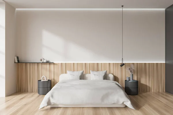 Dormitorio Moderno Cama Interior Mesita Noche Con Decoración Arte Vista — Foto de Stock