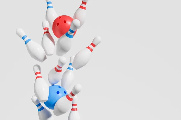 白い背景にボウリングピンを打つ青と赤のボール 成功と勝利の概念 コピースペース 3Dレンダリング — ストック写真
