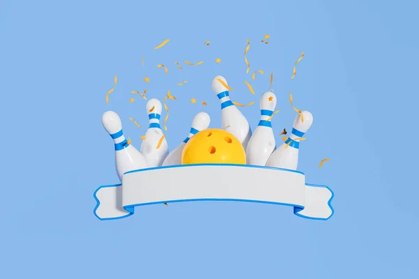 Жовтий Вражає Боулінг Шпильки Порожньою Синьою Стрічкою Падаючим Конфетті Синім — стокове фото