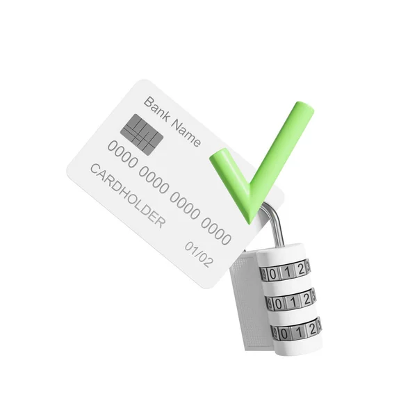信用卡有密码锁 绿色勾选白色背景 正确的密码和访问权限 银行和货币保护的概念 3D渲染 — 图库照片