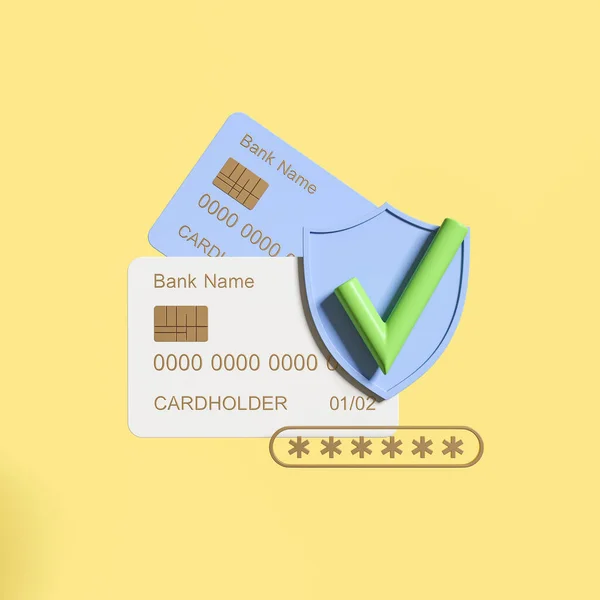 Zwei Kreditkarten Und Korrektes Passwort Schild Und Grünes Häkchen Auf — Stockfoto