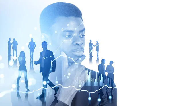 Multinational business people silhouette, black businessman pensive portrait. Double exposure with forex financial chart, stock market candlesticks. Concept of teamwork. Copy space