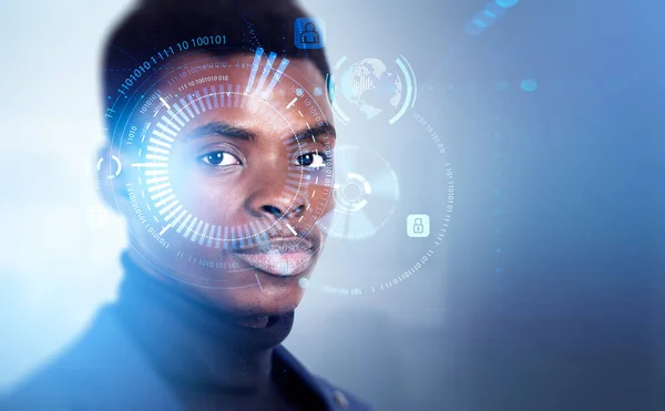 Young black businessman portrait, digital biometric verification hud. Face detection and scanner. Concept of face id and artificial intelligence.