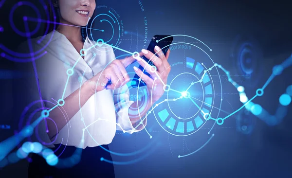 Businesswoman Dedo Toque Smartphone Holograma Forex Com Linhas Binário Exposição — Fotografia de Stock