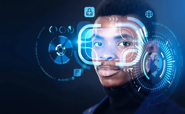 Zwarte Zakenman Digitale Biometrische Verificatie Virtual Reality Gezichtsherkenning Scanner Concept — Stockfoto
