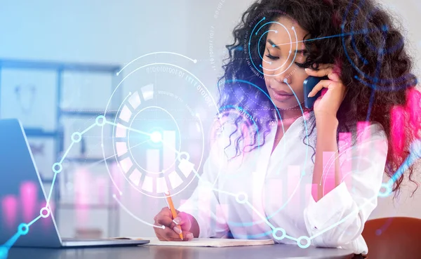Black businesswoman take note and call on the phone, double exposure, colorful big data hologram with lines and binary, market analysis. Concept of consulting