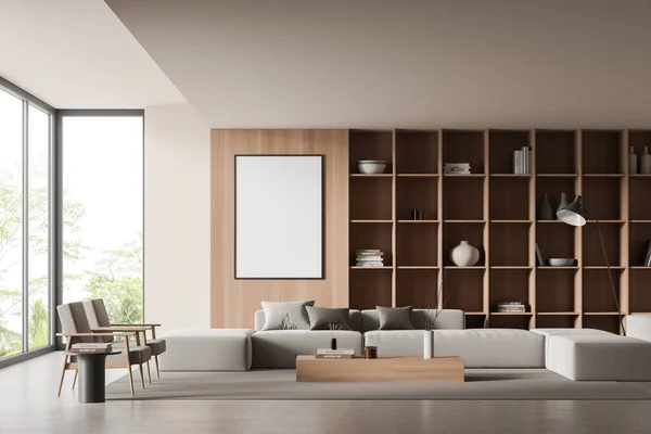Frontansicht Auf Helle Wohnzimmereinrichtung Mit Leerem Weißen Poster Panoramafenster Sofa — Stockfoto