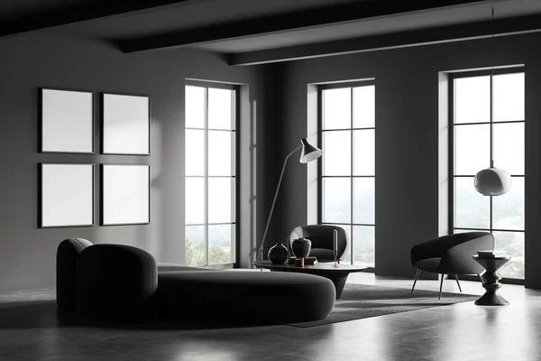 Ciemne Spotkanie Wnętrza Sofa Dwa Fotele Widok Boku Dywan Szarej — Zdjęcie stockowe